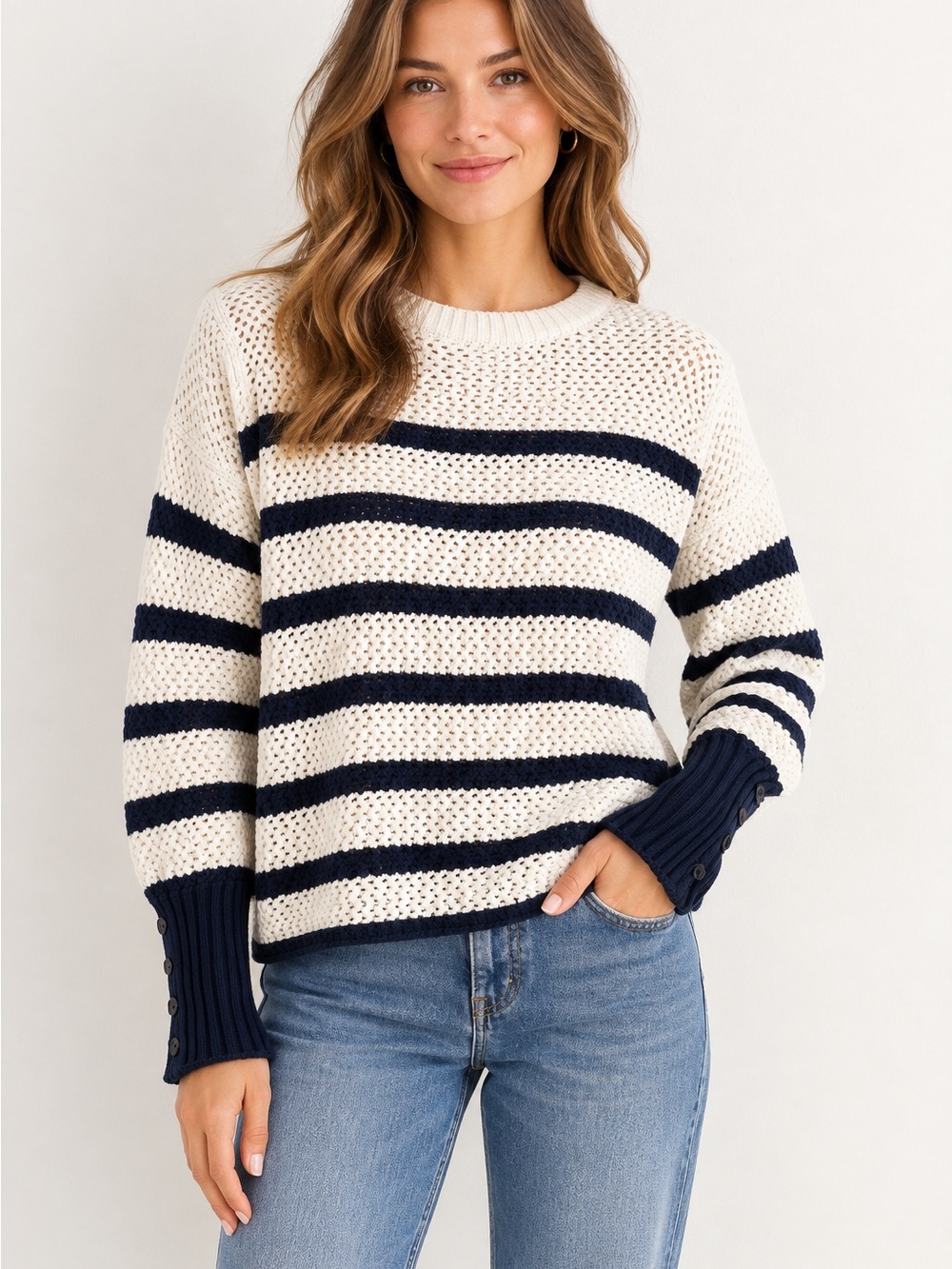 Zara Navy Cream Striped Open Knit Sweater XS-S Button Cuffs Coastal EUC